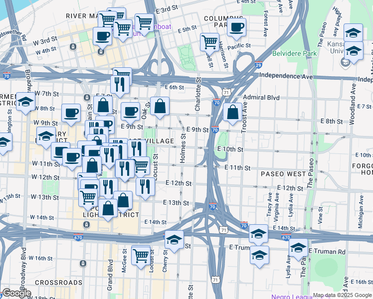 map of restaurants, bars, coffee shops, grocery stores, and more near 703 East 10th Street in Kansas City