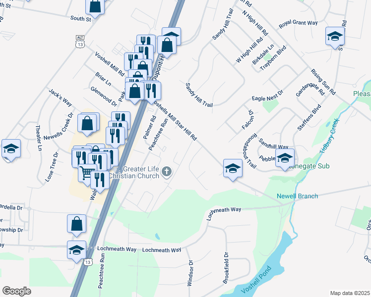 map of restaurants, bars, coffee shops, grocery stores, and more near 14 Lingo Drive in Dover