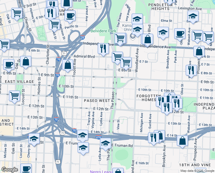 map of restaurants, bars, coffee shops, grocery stores, and more near 925 Lydia Avenue in Kansas City