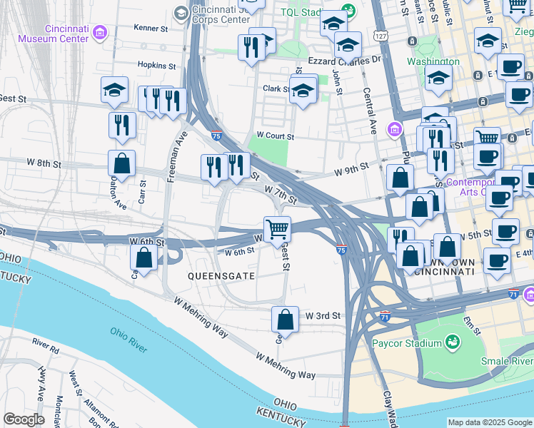 map of restaurants, bars, coffee shops, grocery stores, and more near 621-625 Gest St in Cincinnati