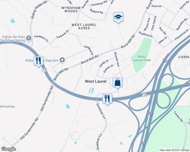 map of restaurants, bars, coffee shops, grocery stores, and more near 6306 Sandy Street in Laurel