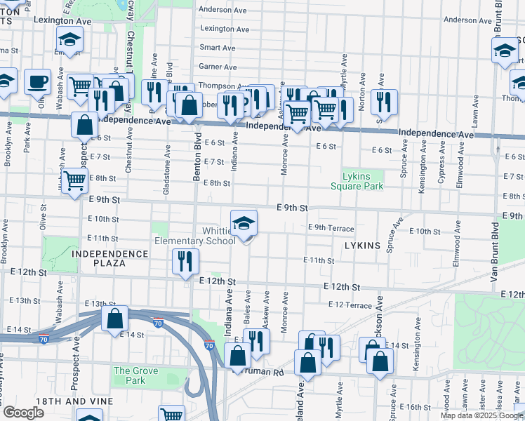 map of restaurants, bars, coffee shops, grocery stores, and more near 3505 East 9th Street in Kansas City