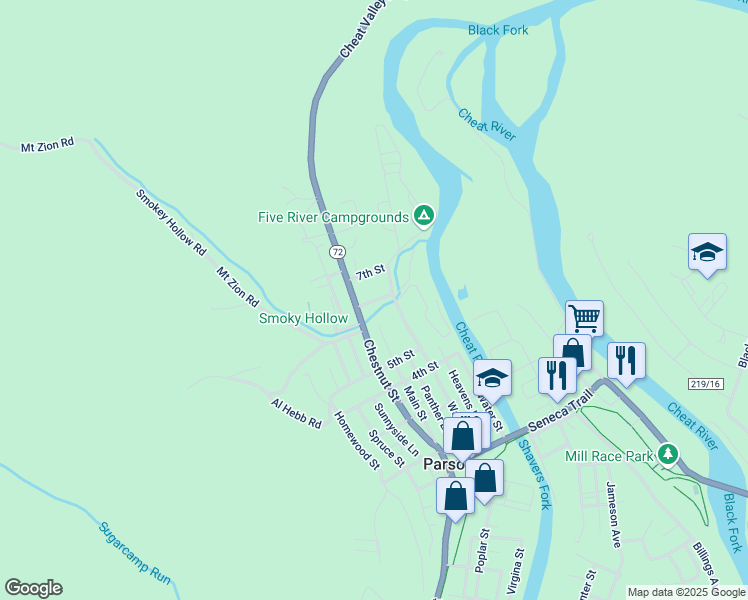 map of restaurants, bars, coffee shops, grocery stores, and more near 103 6th St in Parsons