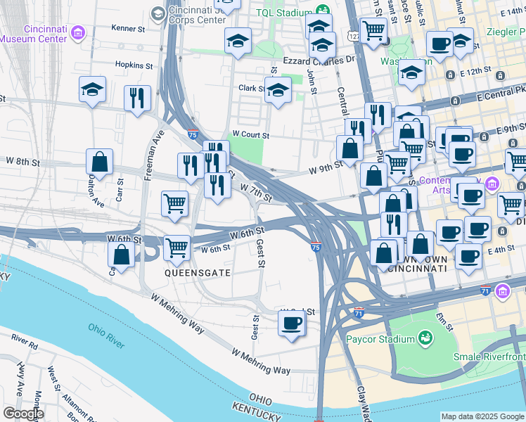 map of restaurants, bars, coffee shops, grocery stores, and more near 635 West 7th Street in Cincinnati