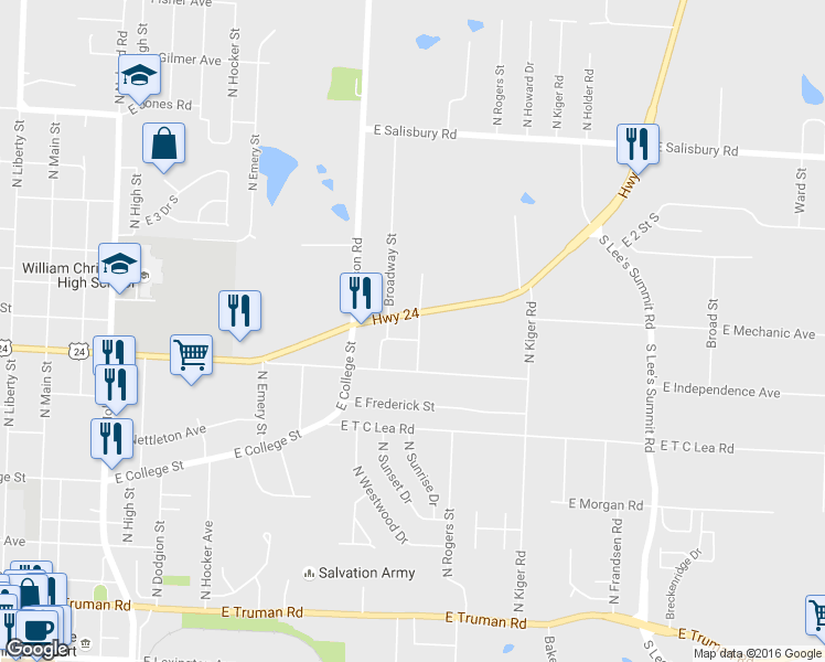 map of restaurants, bars, coffee shops, grocery stores, and more near 1102 North Duvall Avenue in Independence