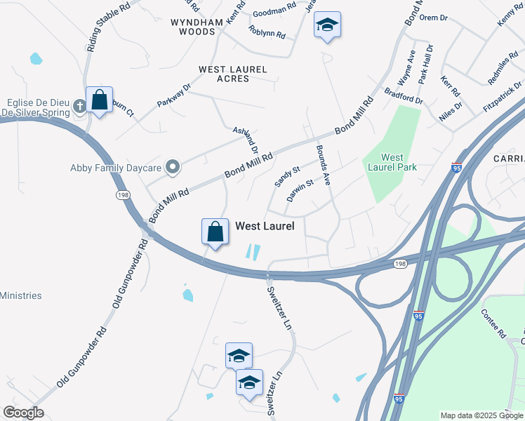 map of restaurants, bars, coffee shops, grocery stores, and more near 6306 Sandy Street in Laurel