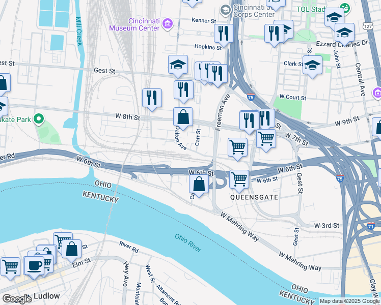map of restaurants, bars, coffee shops, grocery stores, and more near in Cincinnati