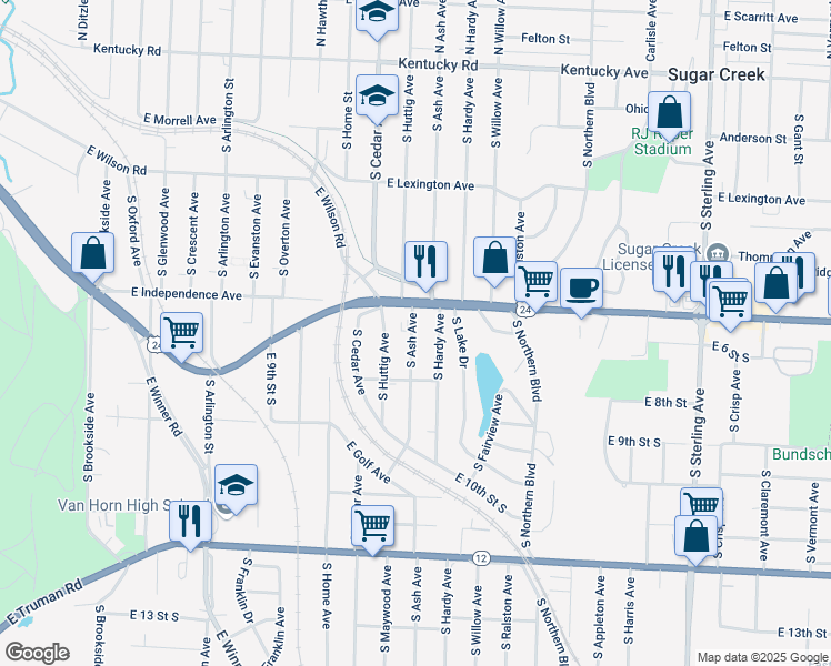 map of restaurants, bars, coffee shops, grocery stores, and more near 617 South Ash in Independence