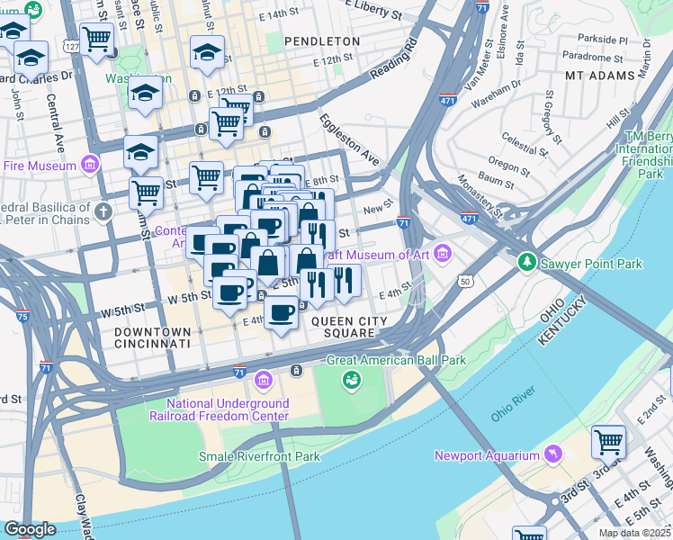 map of restaurants, bars, coffee shops, grocery stores, and more near 320 East 5th Street in Cincinnati