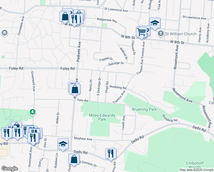 map of restaurants, bars, coffee shops, grocery stores, and more near Roebling Rd & Virgil Rd in Cincinnati