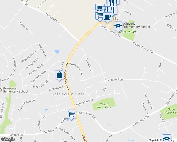 map of restaurants, bars, coffee shops, grocery stores, and more near 15014 Snowden Drive in Silver Spring