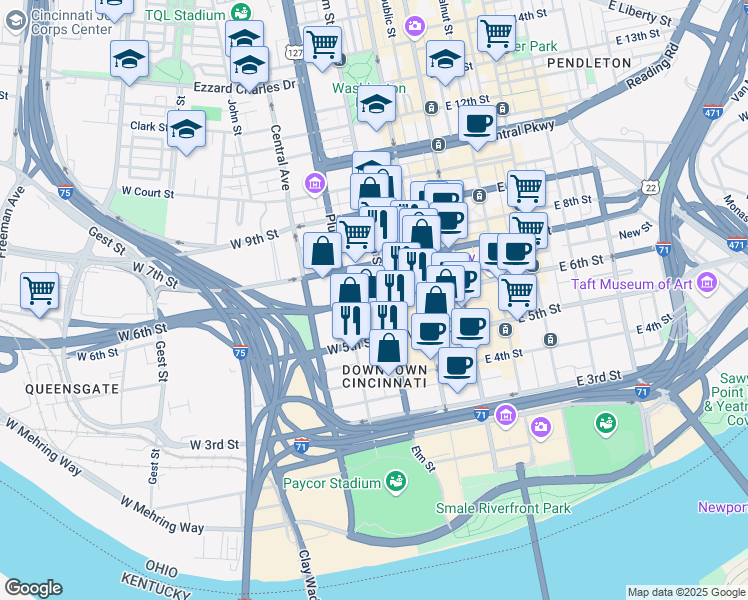 map of restaurants, bars, coffee shops, grocery stores, and more near 224 W 6th St in Cincinnati
