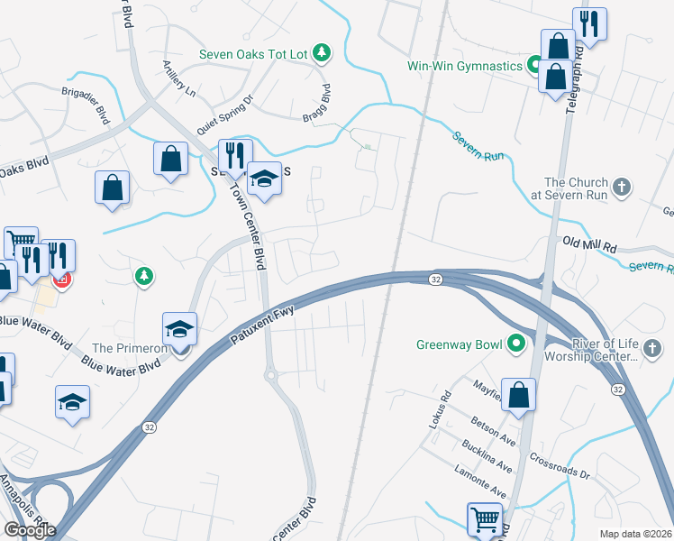 map of restaurants, bars, coffee shops, grocery stores, and more near 1894 Scaffold Way in Odenton