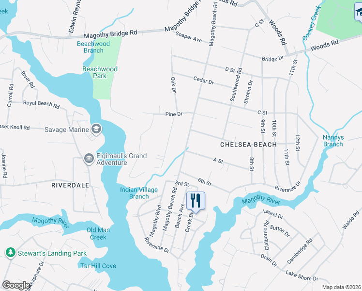 map of restaurants, bars, coffee shops, grocery stores, and more near 224 Magothy Beach Road in Pasadena