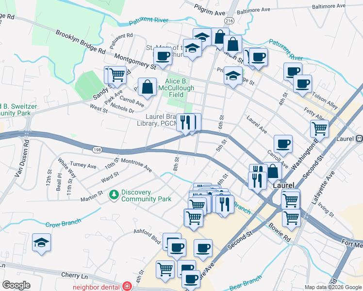 map of restaurants, bars, coffee shops, grocery stores, and more near 607 7th Street in Laurel