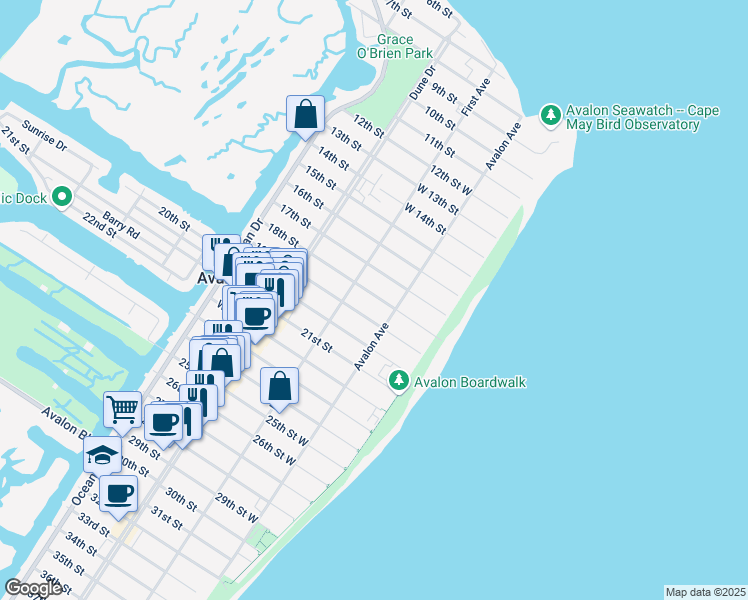 map of restaurants, bars, coffee shops, grocery stores, and more near 46 18th Street in Ocean City