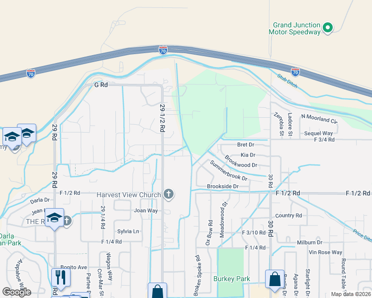 map of restaurants, bars, coffee shops, grocery stores, and more near 2901 Babbling Brook Drive in Grand Junction