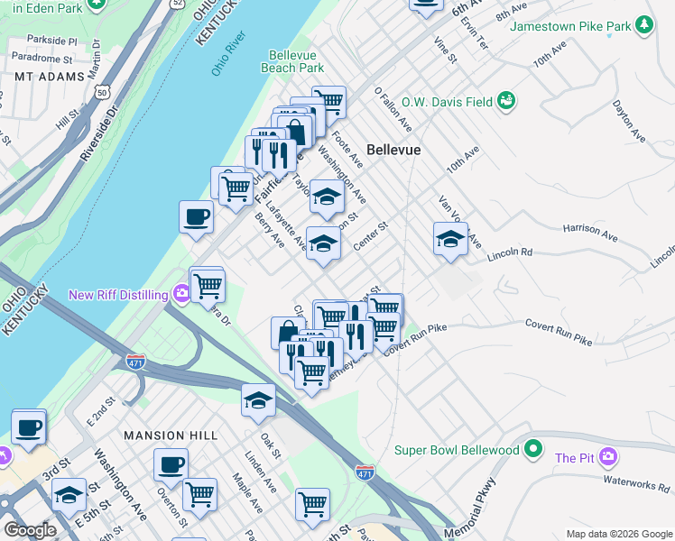 map of restaurants, bars, coffee shops, grocery stores, and more near 212 Center Street in Bellevue