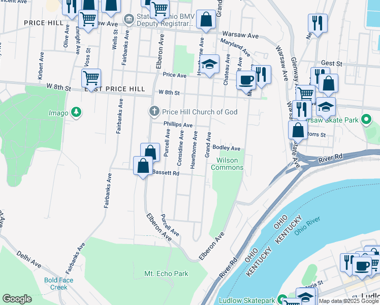 map of restaurants, bars, coffee shops, grocery stores, and more near 651 Hawthorne Avenue in Cincinnati