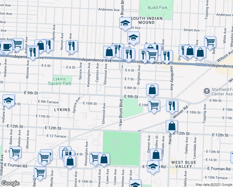 map of restaurants, bars, coffee shops, grocery stores, and more near in Kansas City