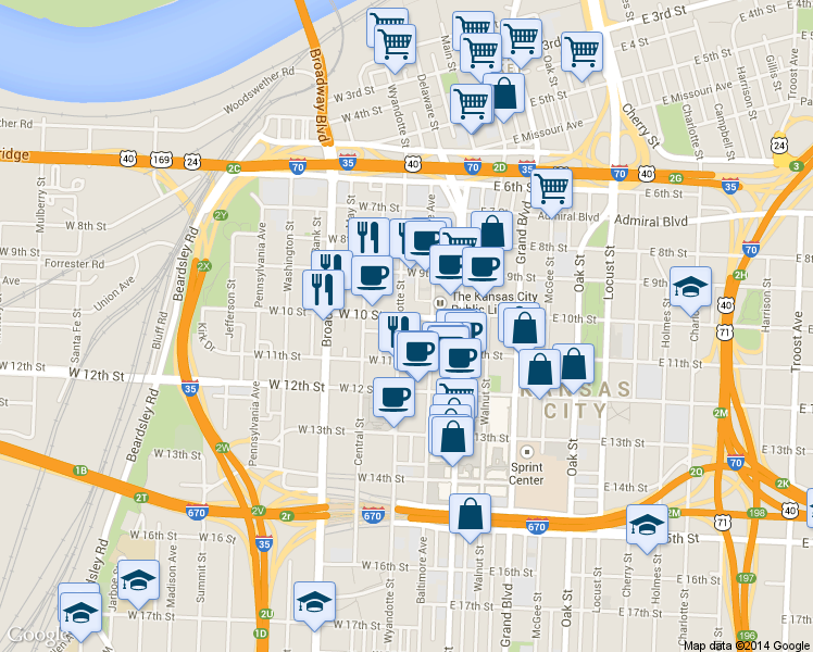 map of restaurants, bars, coffee shops, grocery stores, and more near 1004 Wyandotte Street in Kansas City