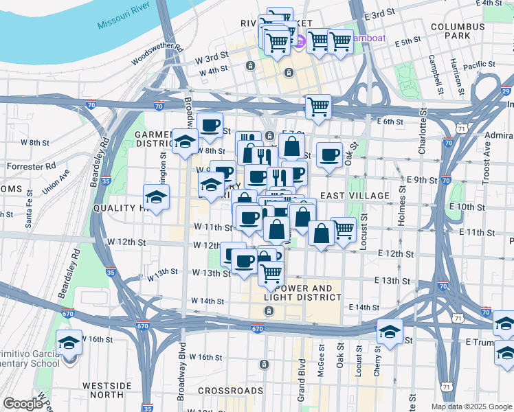 map of restaurants, bars, coffee shops, grocery stores, and more near 21 West 10th Street in Kansas City