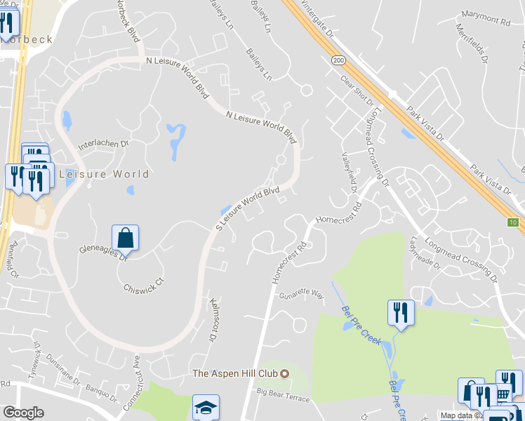 map of restaurants, bars, coffee shops, grocery stores, and more near 15030 Westholm Court in Silver Spring