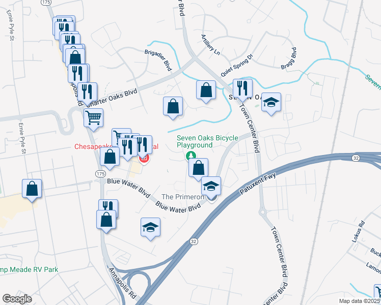 map of restaurants, bars, coffee shops, grocery stores, and more near 211 Eisenhower Court in Odenton