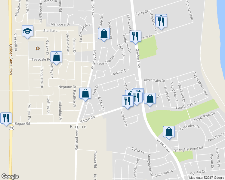 map of restaurants, bars, coffee shops, grocery stores, and more near 1654 Southpointe Drive in Yuba City
