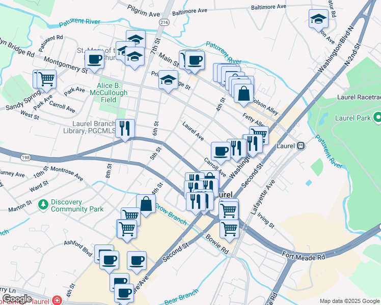 map of restaurants, bars, coffee shops, grocery stores, and more near 502 4th Street in Laurel