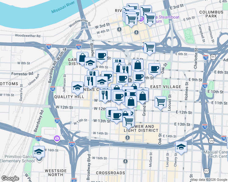 map of restaurants, bars, coffee shops, grocery stores, and more near 1004 Wyandotte Street in Kansas City