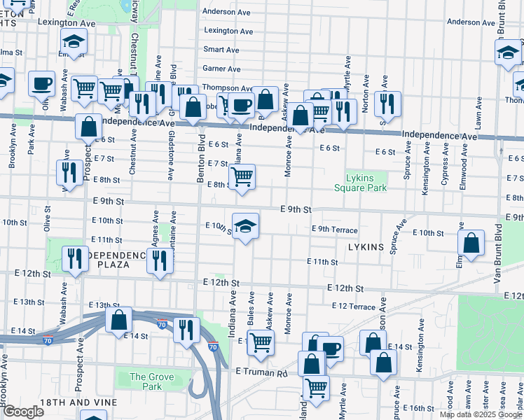 map of restaurants, bars, coffee shops, grocery stores, and more near 901 Bales Avenue in Kansas City