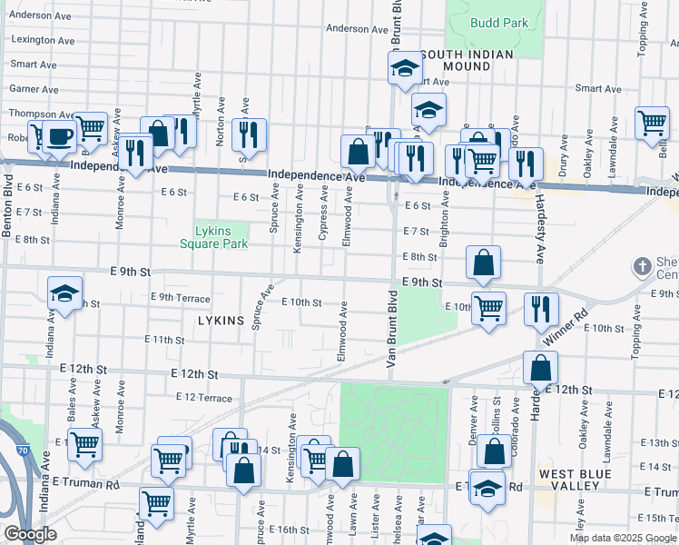 map of restaurants, bars, coffee shops, grocery stores, and more near 4514 East 9th Street in Kansas City