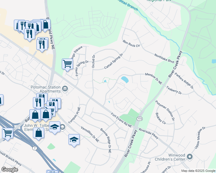 map of restaurants, bars, coffee shops, grocery stores, and more near Barnwick Court Northeast in Leesburg