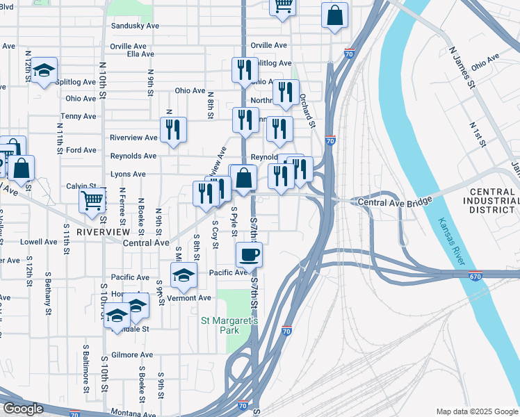 map of restaurants, bars, coffee shops, grocery stores, and more near 15 South 7th Street in Kansas City