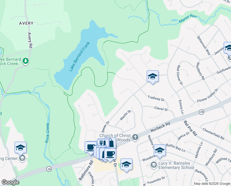 map of restaurants, bars, coffee shops, grocery stores, and more near 15025 Rocking Spring Drive in Rockville