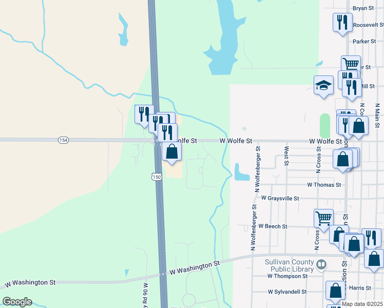 map of restaurants, bars, coffee shops, grocery stores, and more near 798 W Greenbrier Ln in Sullivan