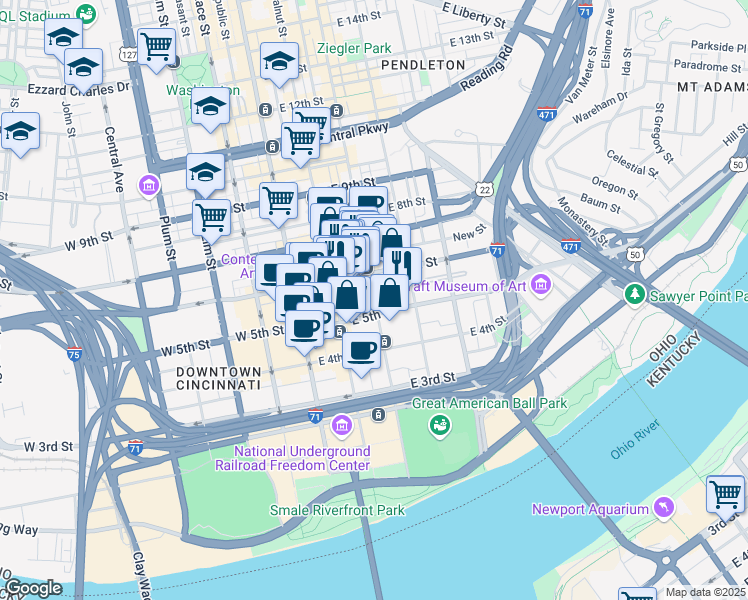 map of restaurants, bars, coffee shops, grocery stores, and more near 515 Main Street in Cincinnati