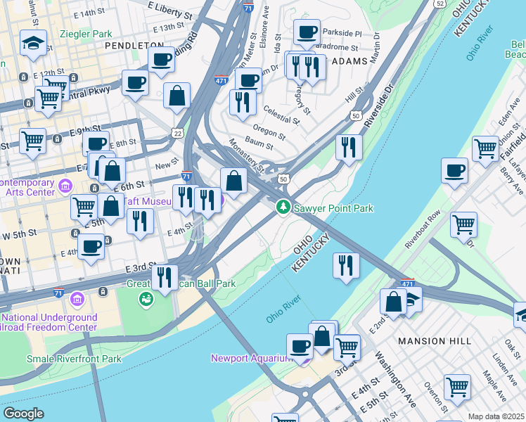 map of restaurants, bars, coffee shops, grocery stores, and more near in Cincinnati