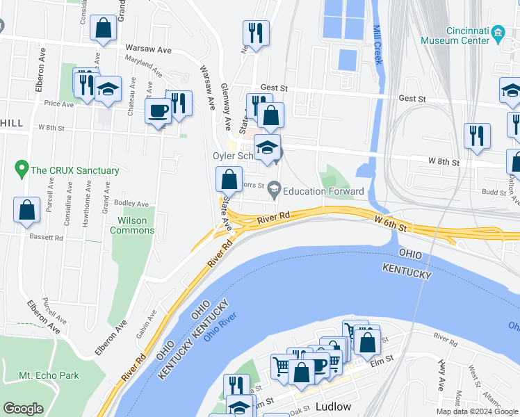 map of restaurants, bars, coffee shops, grocery stores, and more near 611 Church Street in Cincinnati