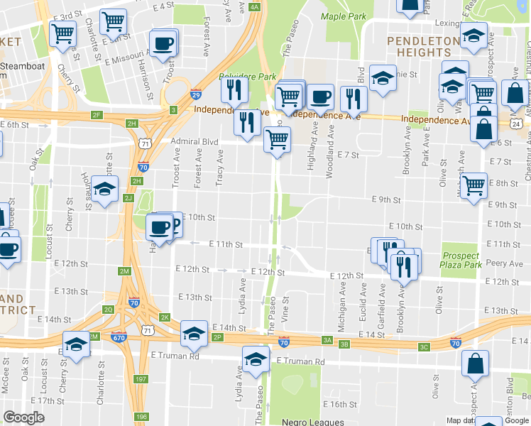 map of restaurants, bars, coffee shops, grocery stores, and more near 924 Paseo Boulevard in Kansas City