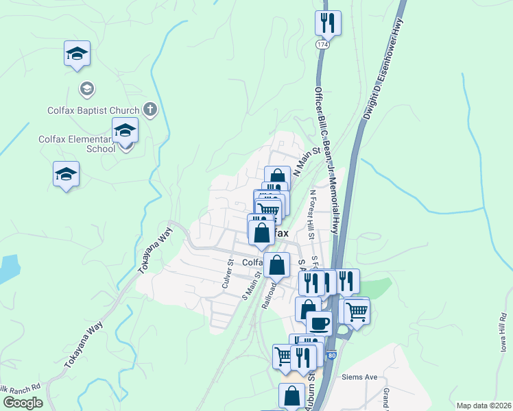 map of restaurants, bars, coffee shops, grocery stores, and more near 110 Pleasant Street in Grass Valley