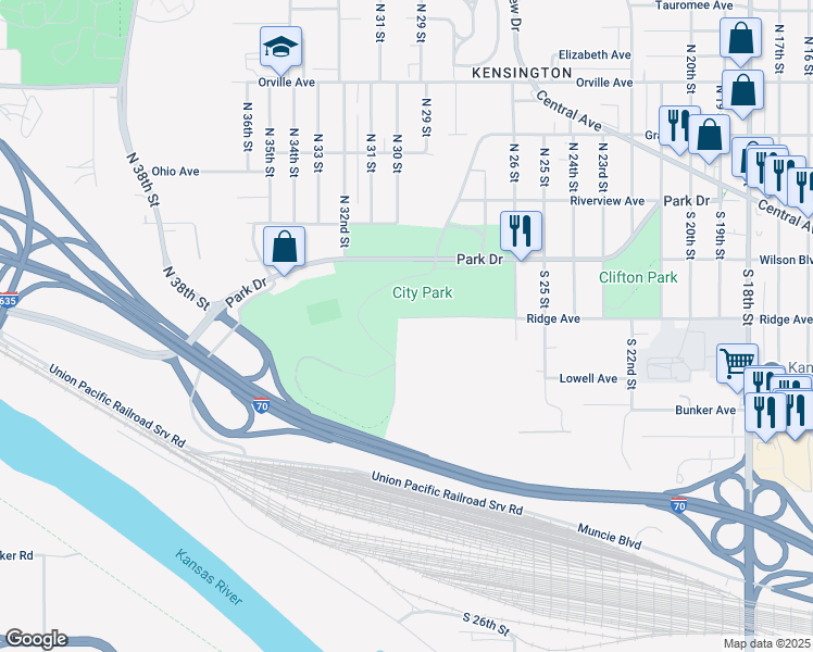 map of restaurants, bars, coffee shops, grocery stores, and more near 2915 Ridge Avenue in Kansas City