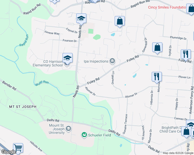 map of restaurants, bars, coffee shops, grocery stores, and more near 5636 Foley Road in Cincinnati