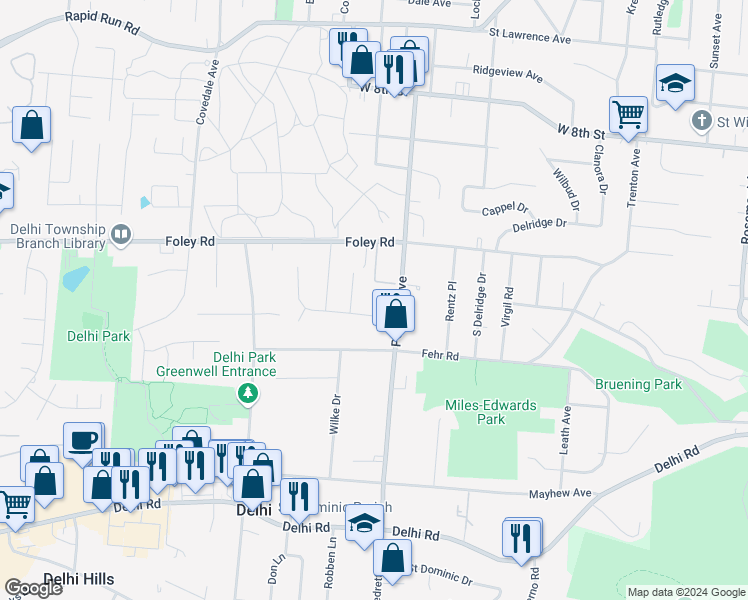 map of restaurants, bars, coffee shops, grocery stores, and more near 4616 Shadylawn Terrace in Cincinnati