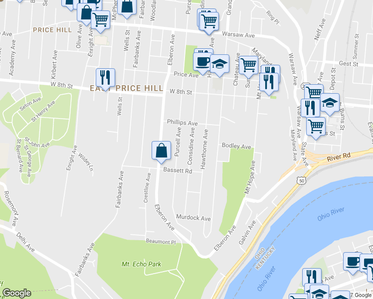 map of restaurants, bars, coffee shops, grocery stores, and more near 549 Considine Avenue in Cincinnati