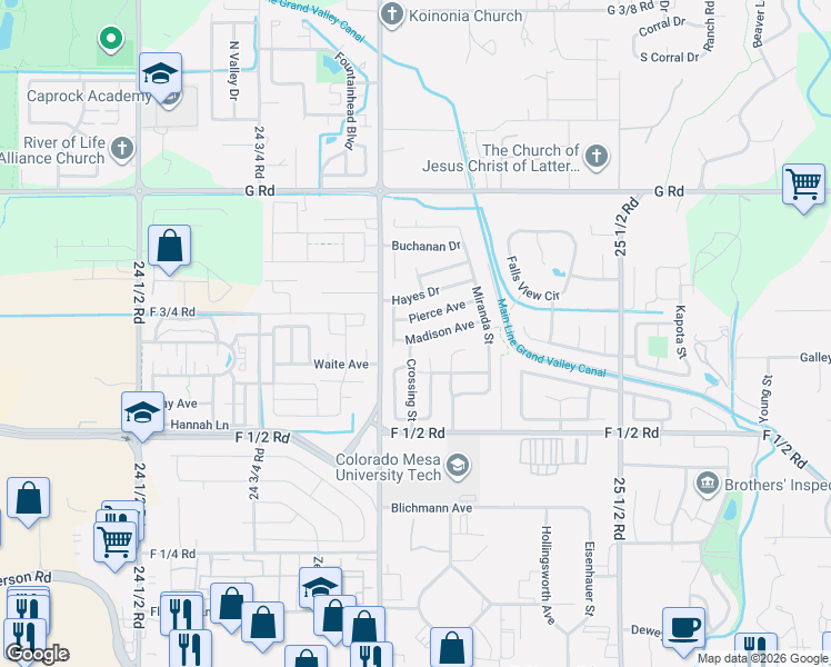 map of restaurants, bars, coffee shops, grocery stores, and more near 2504 Madison Avenue in Grand Junction