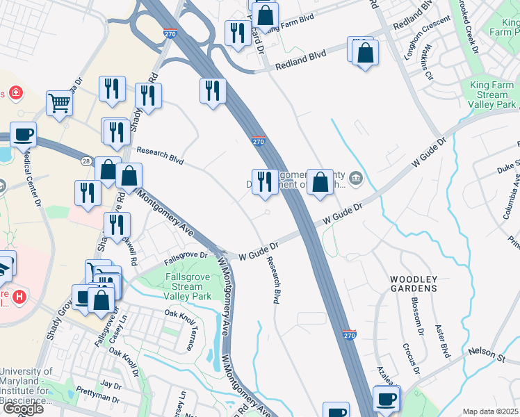 map of restaurants, bars, coffee shops, grocery stores, and more near 2273 Research Boulevard in Rockville