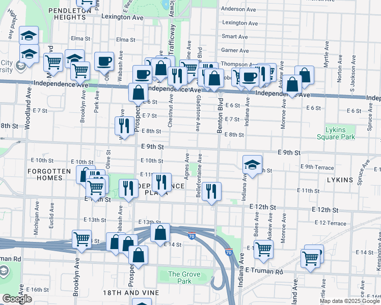 map of restaurants, bars, coffee shops, grocery stores, and more near 3005 East 9th Street in Kansas City