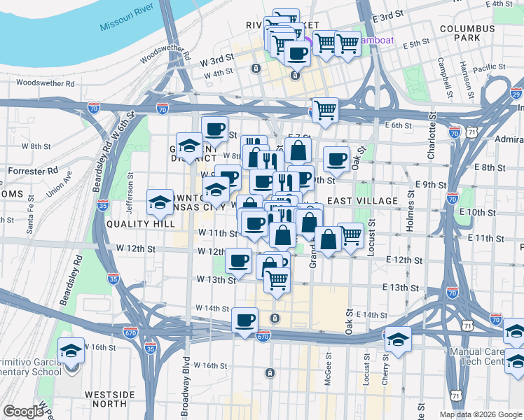 map of restaurants, bars, coffee shops, grocery stores, and more near 21 West 10th Street in Kansas City
